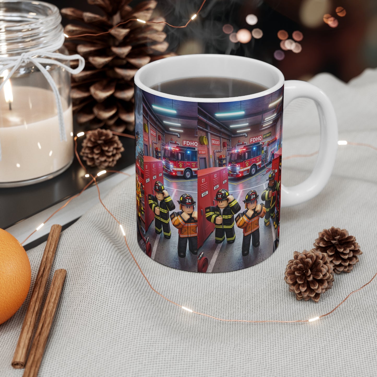 Roblox Firefighter Scene Coffee Mug – 11oz Emergency Rescue Fire Truck Design