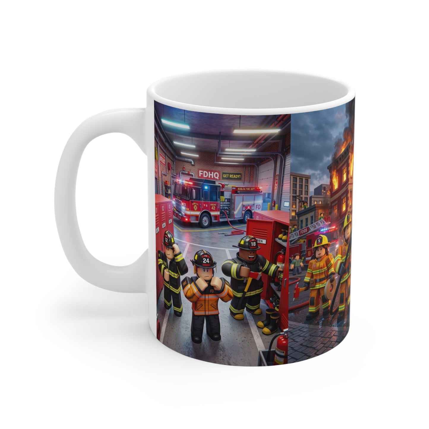 Roblox Firefighter Scene Coffee Mug – 11oz Emergency Rescue Fire Truck Design